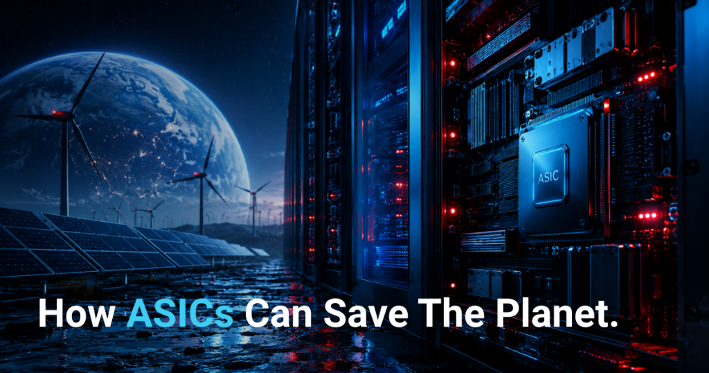 ASIC chip inside a data center powered by renewable energy sources like wind and solar