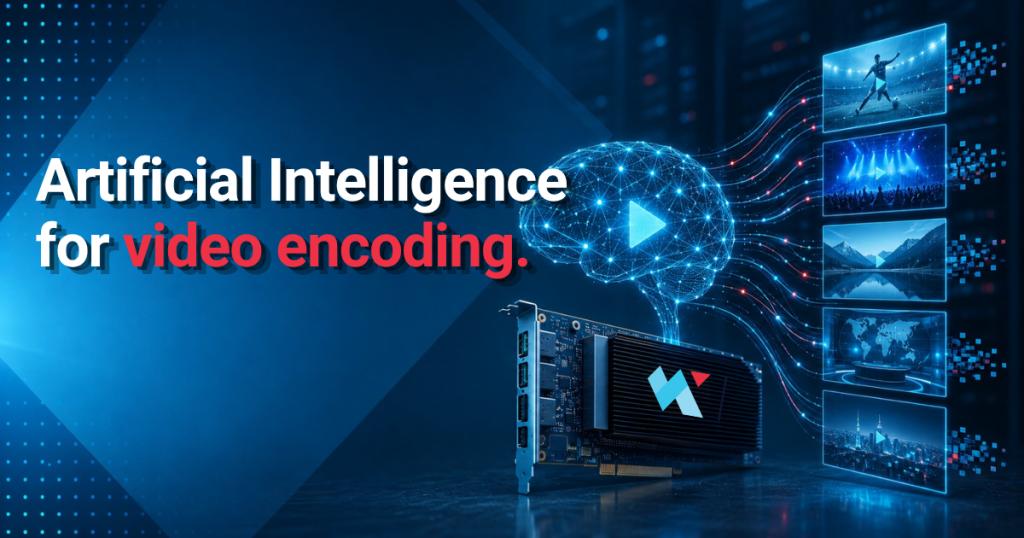 Digital brain connected to video streams and hardware accelerator, illustrating AI-driven encoding.