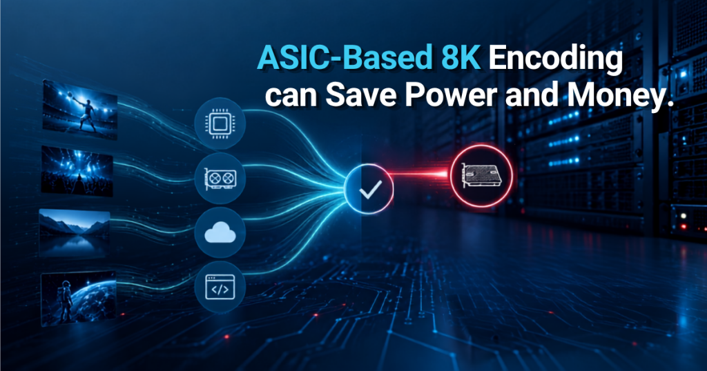 Video data flowing into optimized chip, representing efficient 8K encoding.