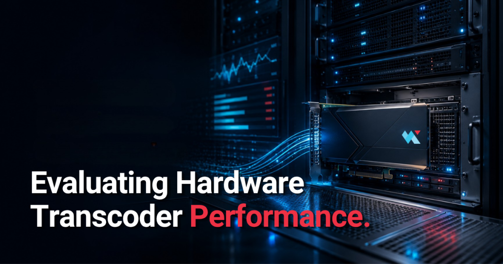 Hardware video transcoder installed in a server rack with performance analytics display