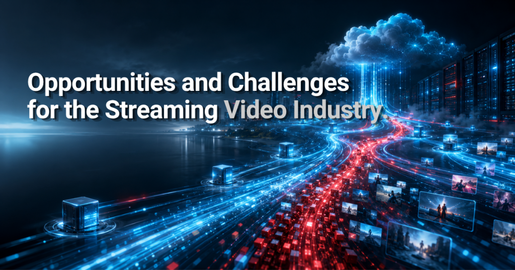 opportunities-and-challenges-for-the-streaming-video-industry-featured - NETINT Cloud infrastructure connected by data streams, illustrating opportunities and challenges in video streaming.