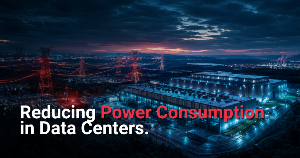 Large data center connected to power grid infrastructure illustrating energy consumption challenges