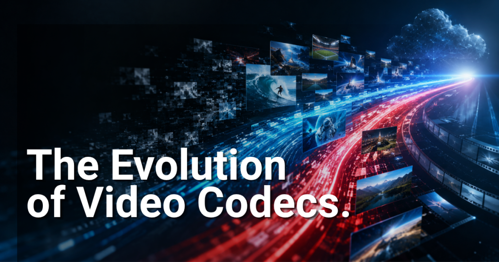 Timeline-style visualization showing evolution of video codecs including AV1 and HEVC