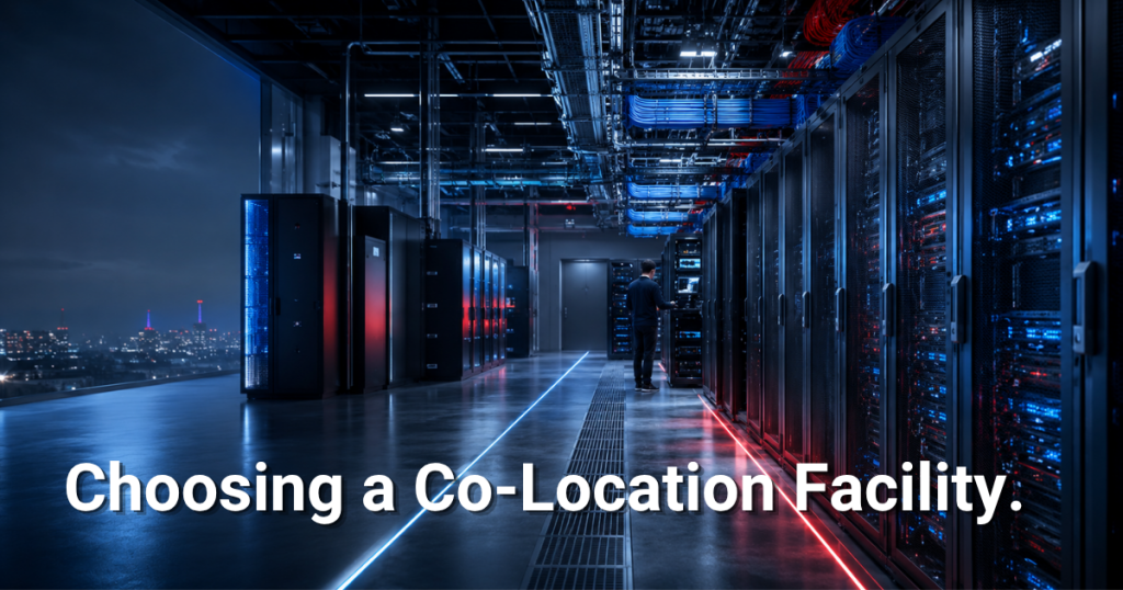 Data center with technician evaluating server racks for co-location.