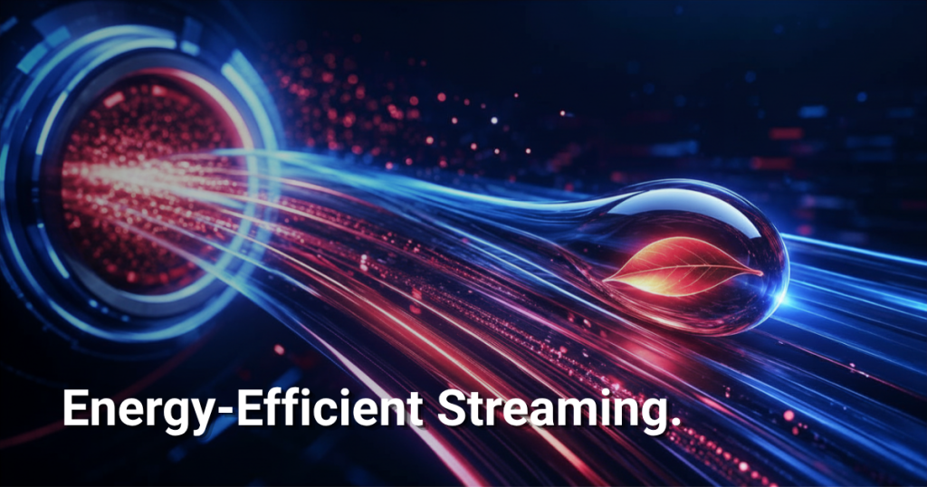 Energy-efficient data transmission symbolized by a glowing stream with a sustainability icon
