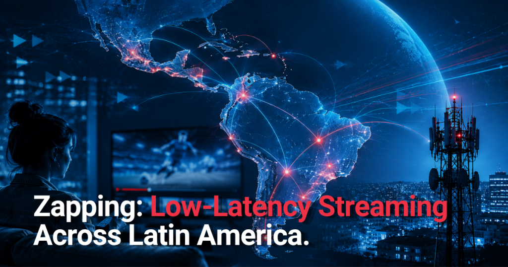 Map of Latin America with connected streaming nodes representing low-latency video delivery