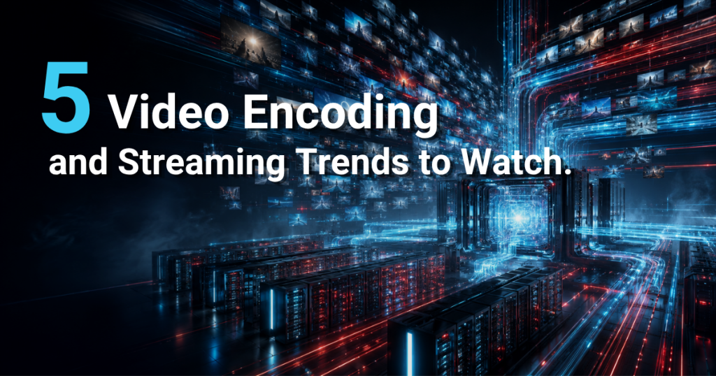 Futuristic data center with video streams flowing through digital pipelines, representing emerging trends in encoding and streaming.