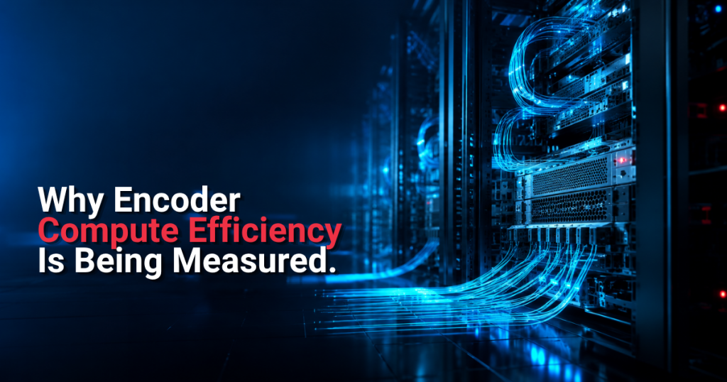 why-encoder-compute-efficiency-is-being-measured-by-everyone - NETINT Data center servers with flowing data streams representing measurement of encoding efficiency