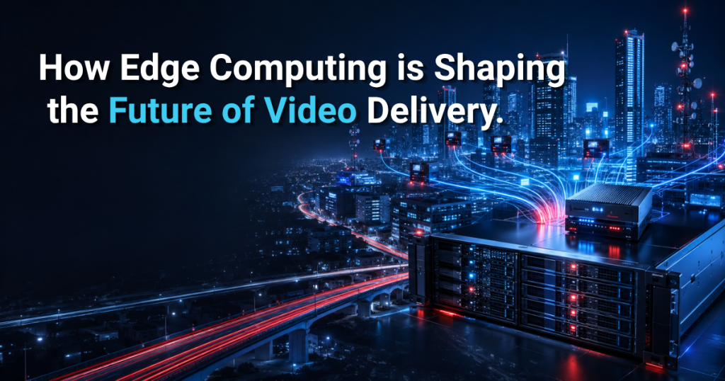 City connected to edge servers for low-latency delivery.