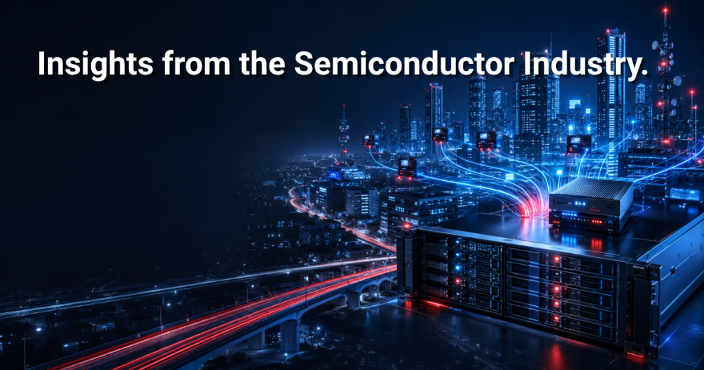 City skyline connected to data center hardware with glowing data flows, symbolizing semiconductor innovation.