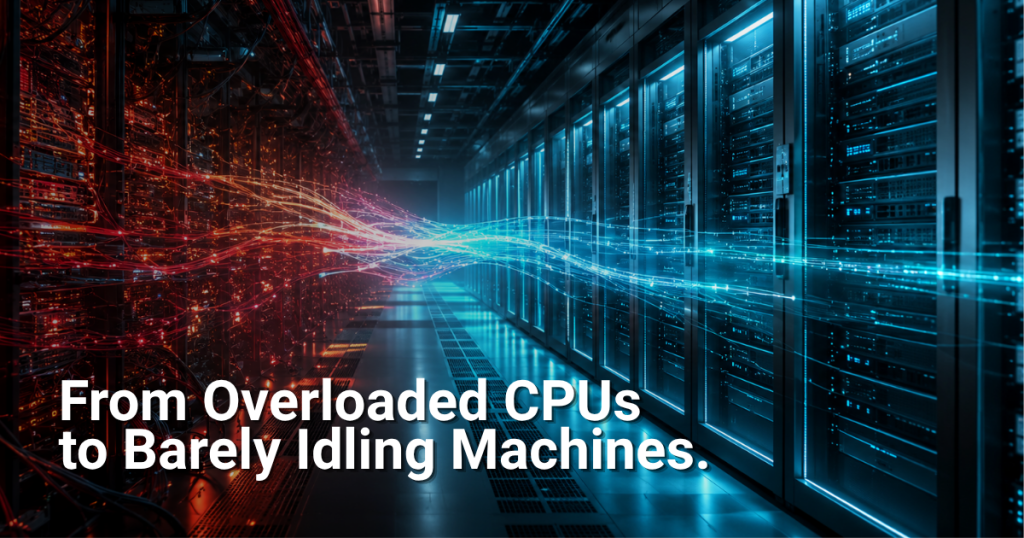 Data center servers showing transition from high CPU load to efficient VPU utilization