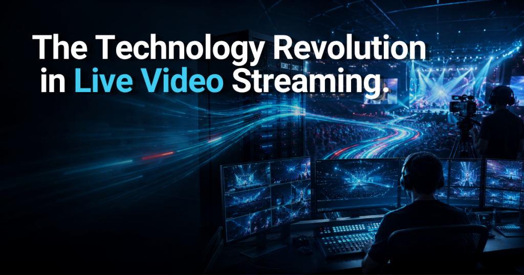 Live event production setup showing low-latency video streaming and real-time processing