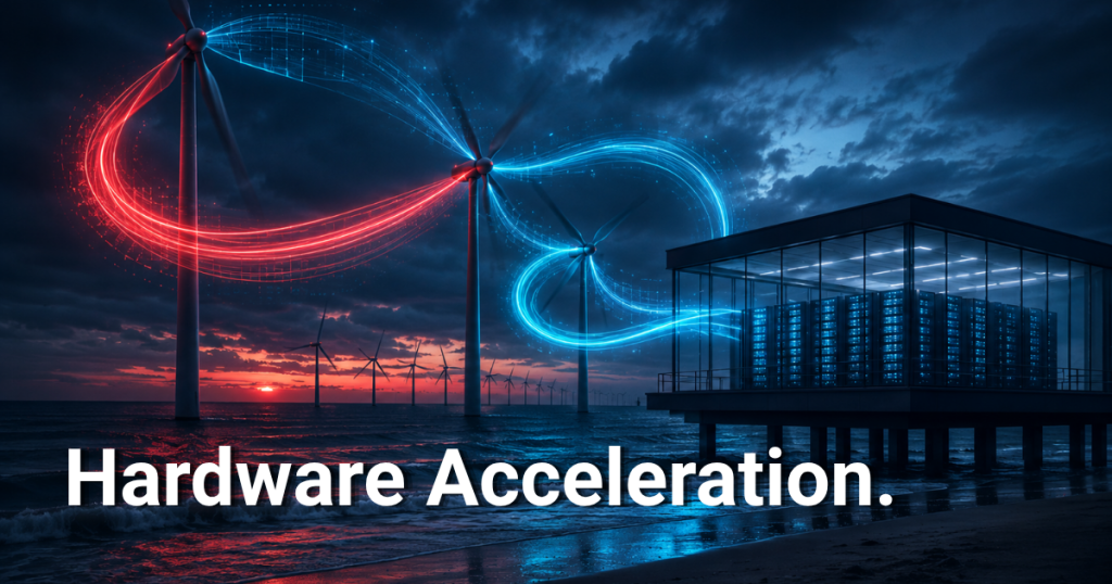Wind turbines powering a data center illustrating energy-efficient hardware-accelerated streaming