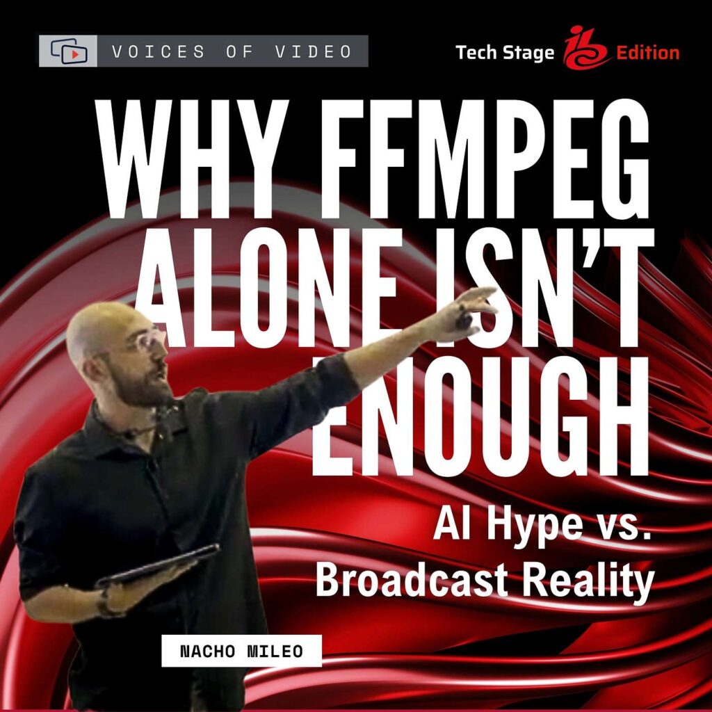Video thumbnail for a tech talk: a man points forward against a red abstract background with bold white title text about AI hype vs. broadcast reality.