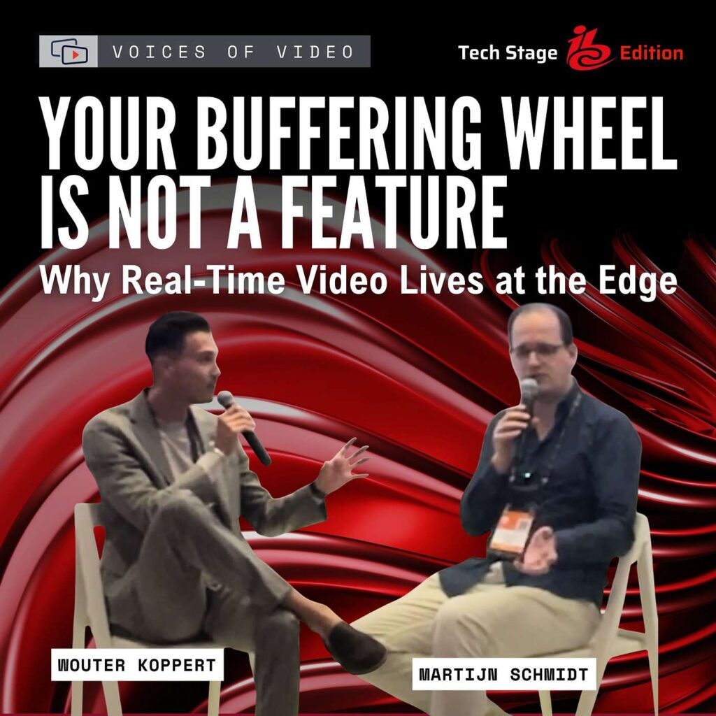Poster for Voices of Video with two men speaking into microphones on a red swirl backdrop; headline reads 'Your Buffering Wheel Is Not a Feature'.