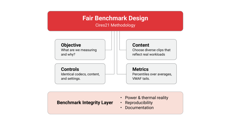 Diagram titled “Fair Benchmark Design (Cires21 Methodology)” showing four key components: objective (what and why to measure), content (diverse clips reflecting real workloads), controls (identical codecs and settings), and metrics (percentiles and VMAF), supported by a benchmark integrity layer covering power/thermal reality, reproducibility, and documentation.
