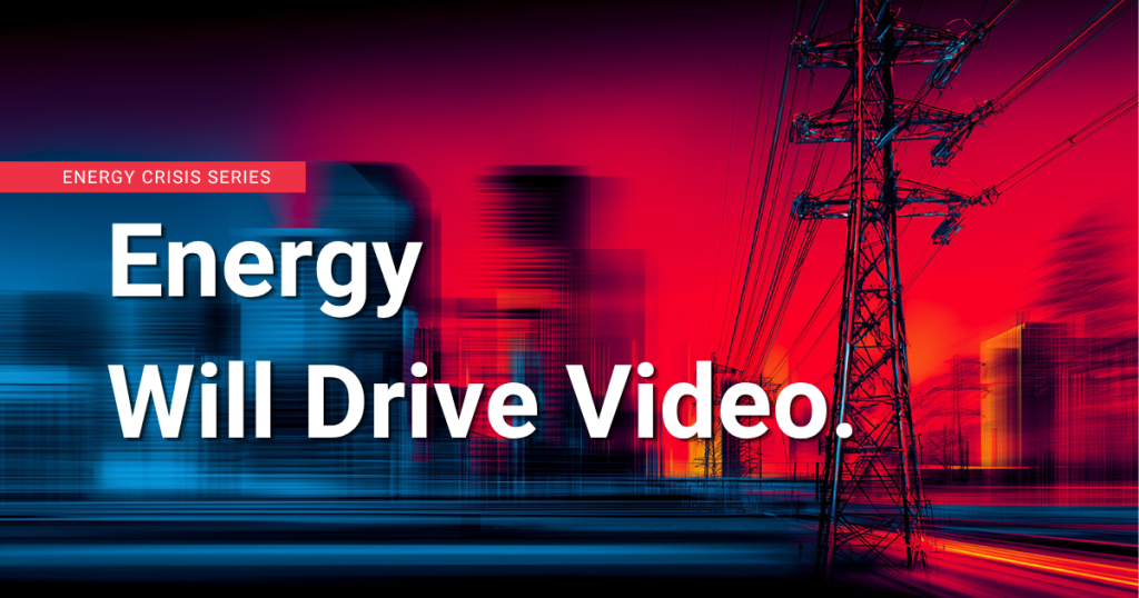 Power transmission towers over city skyline symbolizing energy-driven future of video infrastructure