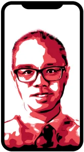 Portrait of a person wearing glasses on a smartphone screen (stylized red-toned image).