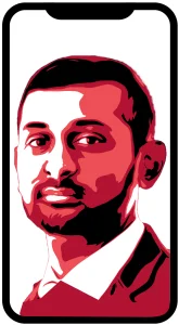 Stylized red-toned portrait of a man in a suit inside a smartphone frame, like a digital profile image.