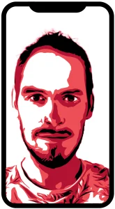 Stylized red portrait of a man on a smartphone screen frame.