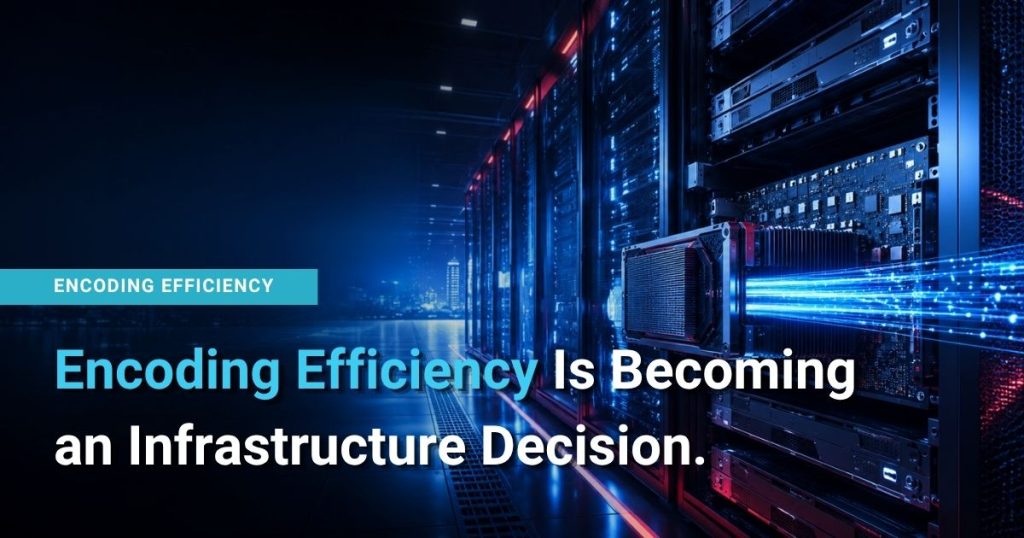 Encoding Efficiency Is Becoming an Infrastructure Decision 1 - NETINT High-performance data center server rack with hardware video encoder or VPU card streaming data, illustrating efficient video transcoding, cloud infrastructure, and scalable media processing technology