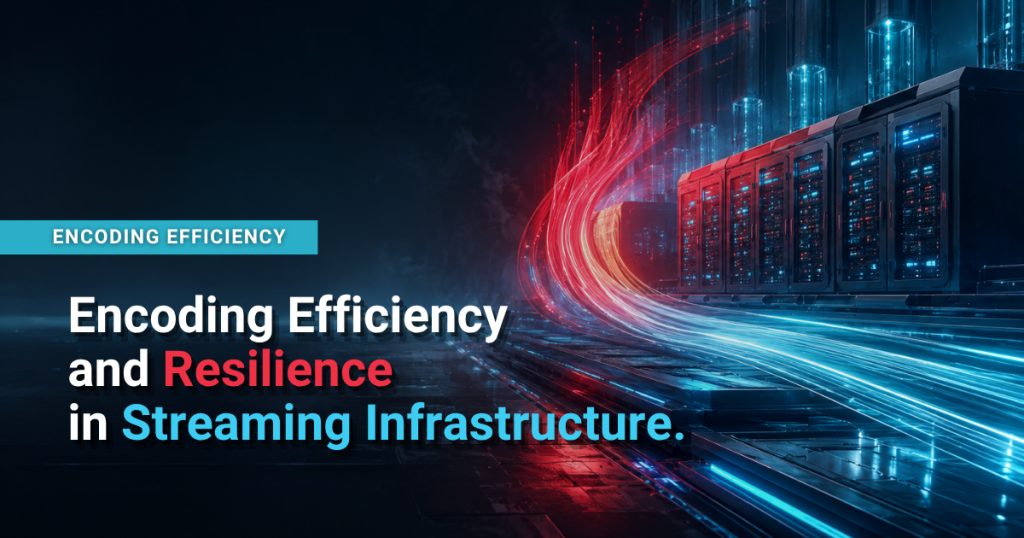 Server racks with red and blue data streams flowing through a data center, representing encoding efficiency and resilience in streaming infrastructure.