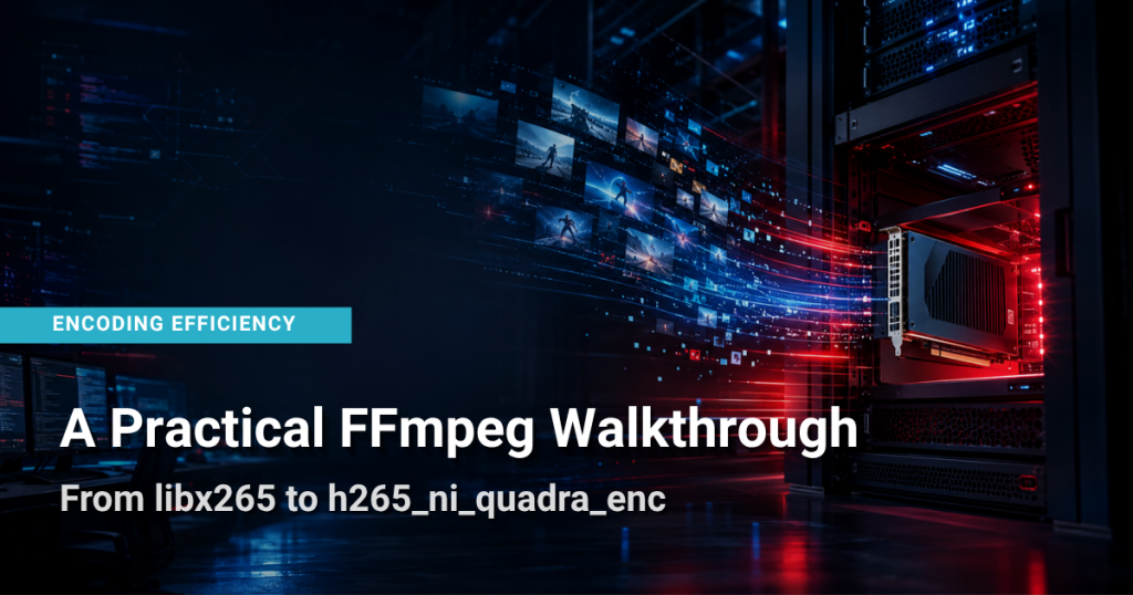 Data center scene with GPU card streaming video thumbnails, titled “A Practical FFmpeg Walkthrough: From libx265 to h265_ni_quadra_enc”
