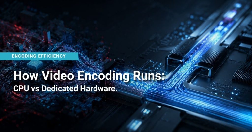 NETINT graphic “How Video Encoding Runs: CPU vs Dedicated Hardware” showing data flow through silicon and high-speed interconnects