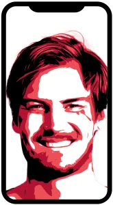 Red-toned illustrated portrait of a smiling man inside a smartphone frame.