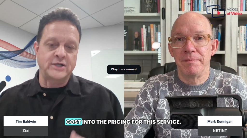 Split-screen video interview with Tim Baldwin (Zixi) on left and Mark Donigan (NETINT) on right in a discussion.