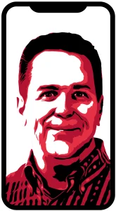 Stylized red portrait of a smiling man on a smartphone screen.
