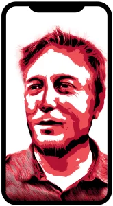 Stylized red-toned portrait of a man on a white background, framed as a phone screen.