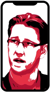 Stylized red-toned portrait of a man wearing glasses, shown inside a smartphone frame.