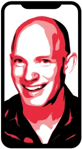 Stylized portrait of a smiling man shown on a smartphone screen.