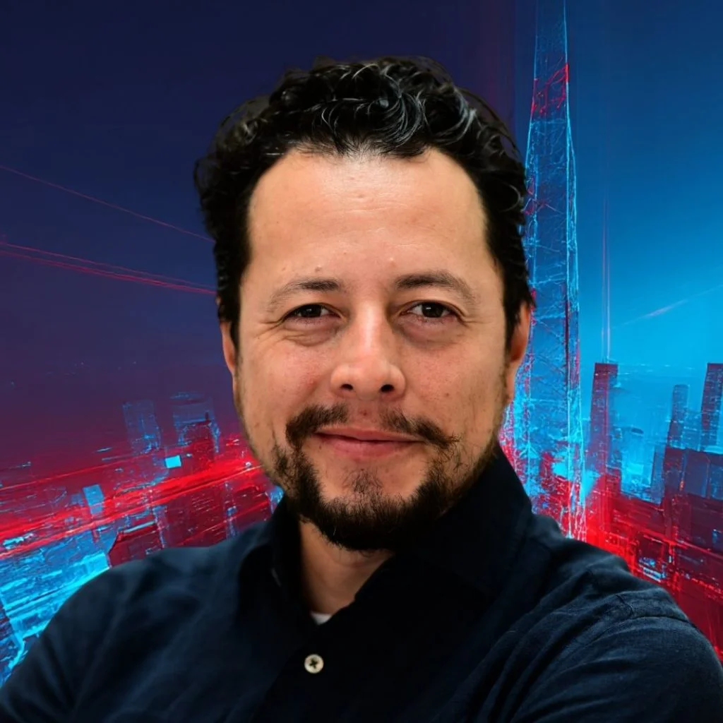Portrait of a smiling man with dark hair and a short beard, wearing a dark shirt, against a blue‑red neon cityscape background.