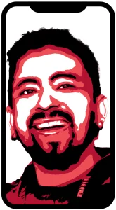 Stylized red-toned portrait of a smiling man on a smartphone screen.