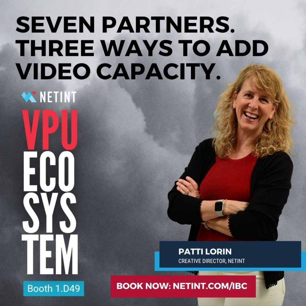 Patti Lorin, Creative Director at NETINT, in a red top and black cardigan with arms crossed, against a grey sky. NETINT VPU Ecosystem ad for IBC 2026 reading "Seven partners. Three ways to add video capacity." Booth 1.D49. Book now at netint.com/ibc.