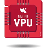 Red circuit-board style microchip with the NetInt VPU logo on a red PCB surface