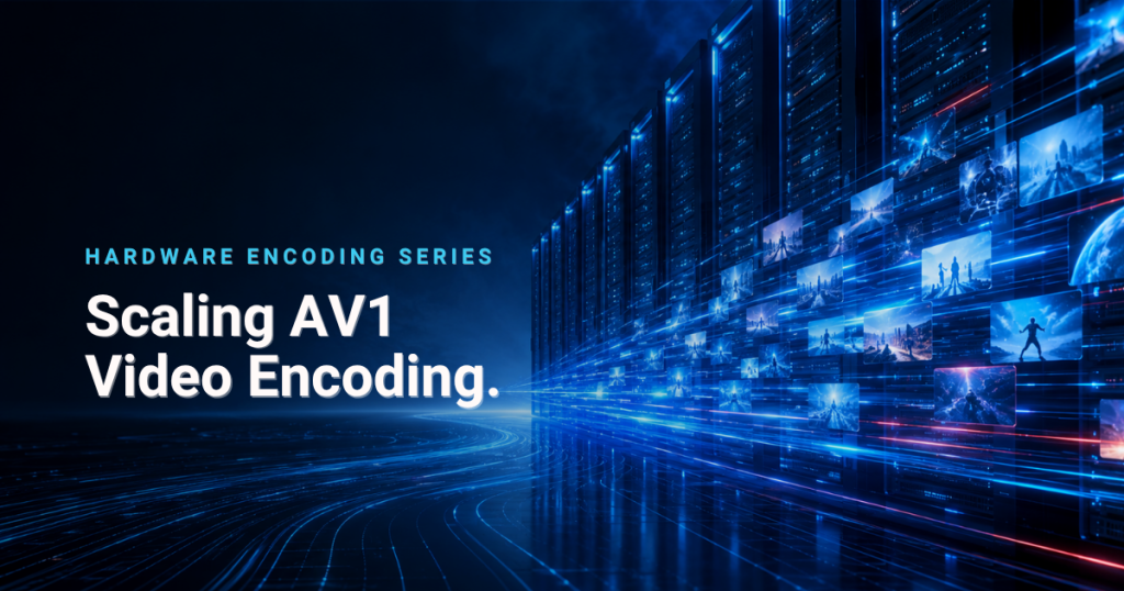 Blue-toned data center with row of servers and floating video thumbnails, conveying 'Scaling AV1 Video Encoding' (Hardware Encoding Series).