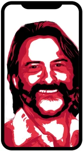 Stylized red monochrome portrait of a smiling man with a beard on a smartphone screen.