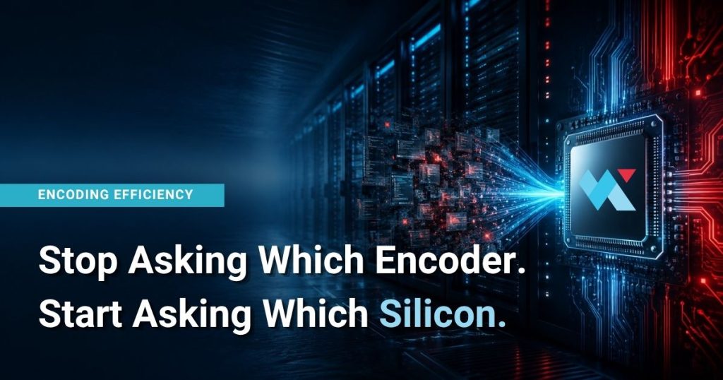 Marketing banner about encoding efficiency: "Stop Asking Which Encoder. Start Asking Which Silicon." with a processor chip and data streams in blue/red hues. Alternative: Technology banner promoting silicon chips for encoding efficiency, featuring a glowing processor and circuitry.