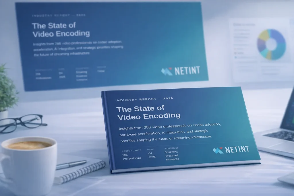 Blue gradient booklet on a desk titled 'The State of Video Encoding' with the NETINT logo visible, beside a coffee cup and glasses in the foreground.