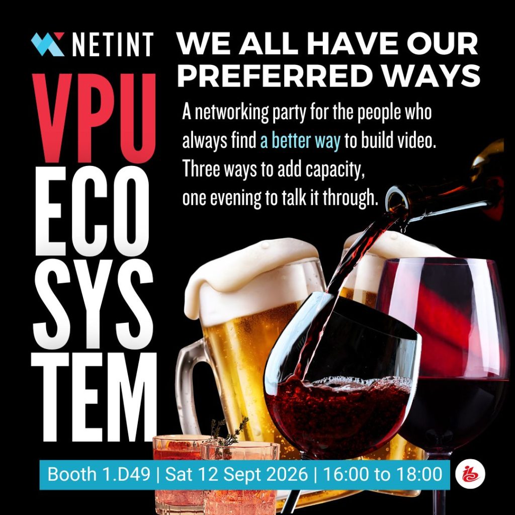 NETINT VPU Ecosystem party invitation for IBC 2026 on a black background, with beer steins, red wine being poured, and whisky glasses. Headline reads "We all have our preferred ways." Sub-line reads "A networking party for the people who always find a better way to build video. Three ways to add capacity, one evening to talk it through." Footer: Booth 1.D49, Sat 12 Sept 2026, 16:00 to 18:00.