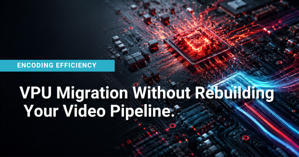 VPU MIGRATION WITHOUT REBULDING YOUR VIDEO PIPELINE 2 - NETINT Branded version of a circuit board illustration with illuminated chips and data streams, promoting VPU migration without rebuilding the video pipeline