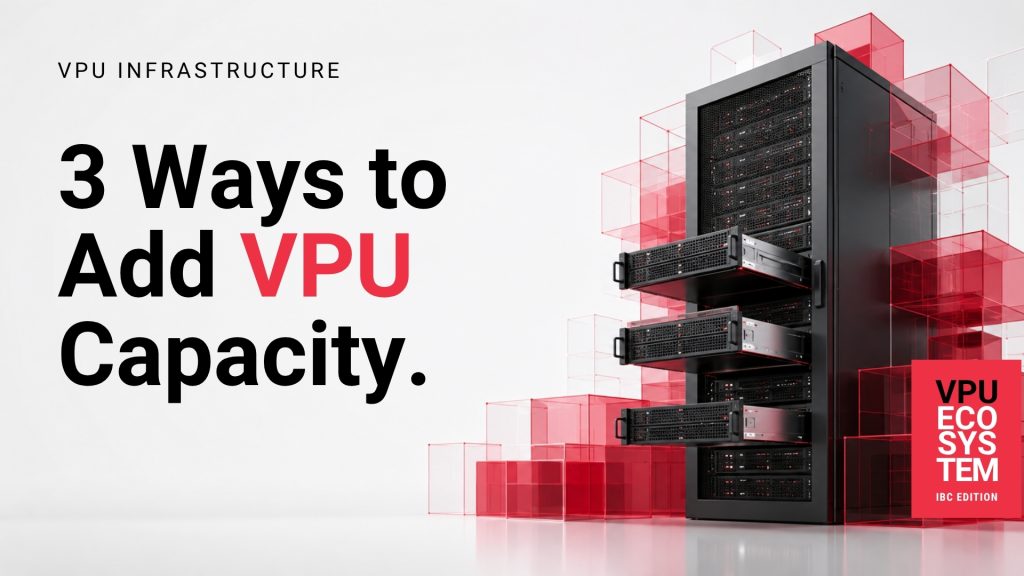 NETINT graphic titled “3 Ways to Add VPU Capacity,” featuring a red-lit server rack in a data center, with VPU Ecosystem IBC Edition branding.