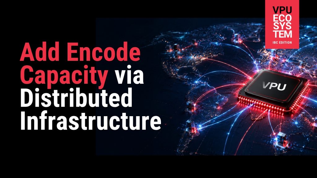 A promotional banner for the IBC Edition focused on the VPU ecosystem, featuring the prominent text "+ Add Encode Capacity via Distributed Infrastructure". It showcases abstract global network technology graphics with blue lights and red data streams, accompanied by the NETINT and NetActuate corporate logos in the bottom right corner.