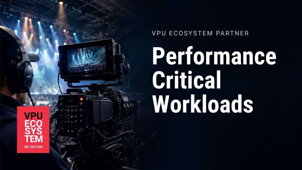 VPU Ecosystem Partner graphic featuring NETINT and i3D.net with headline "Performance Critical Workloads." Background shows a live opera performance on stage alongside a digital broadcast production console and server racks. Includes "VPU Ecosystem IBC Edition" badge.