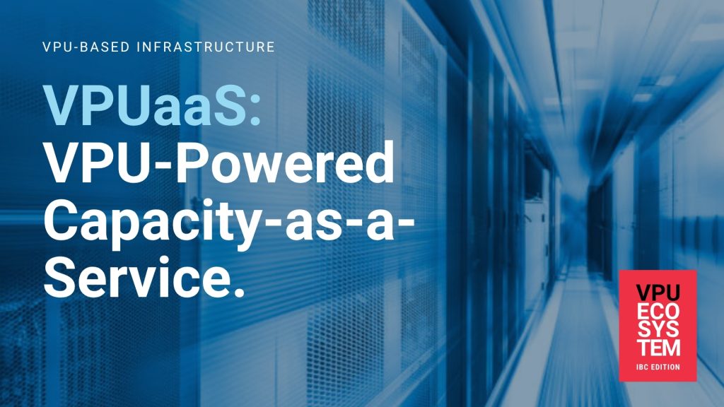 NETINT graphic titled “VPUaaS: VPU-Powered Capacity-as-a-Service,” set against a blue abstract digital infrastructure background with VPU Ecosystem IBC Edition branding.