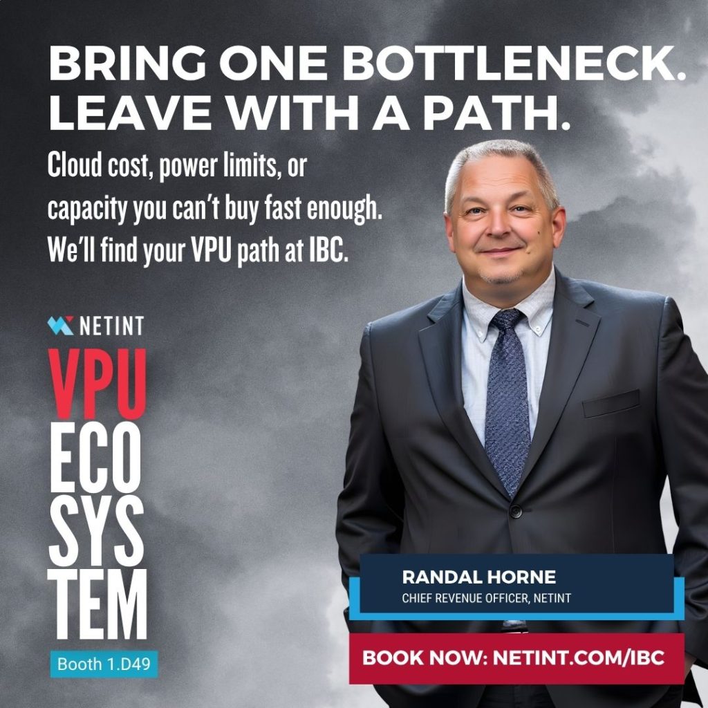 Promotional poster featuring a smiling man in a suit beside bold white and red text about NetInt's VPU ecosystem and IBC booth.