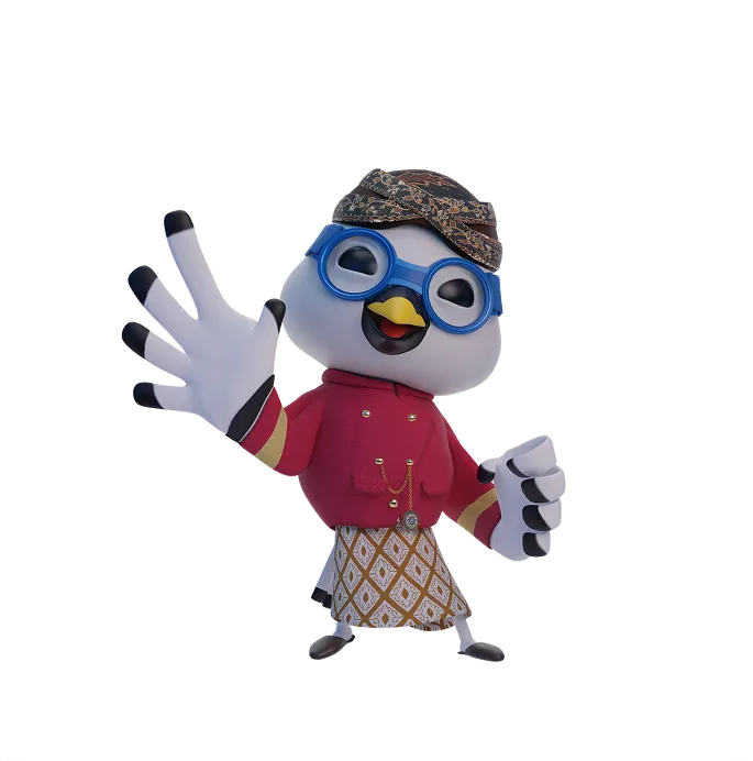 Cheerful cartoon penguin wearing blue glasses, a red jacket, patterned skirt, and headscarf, waving hello.